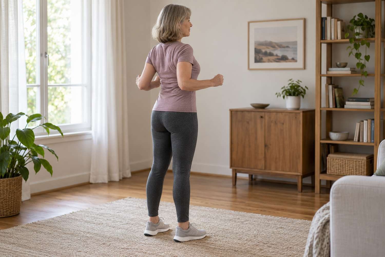Una donna vista di spalle in piedi su un tappeto, con i gomiti piegati vicino ai fianchi e le scapole avvicinate