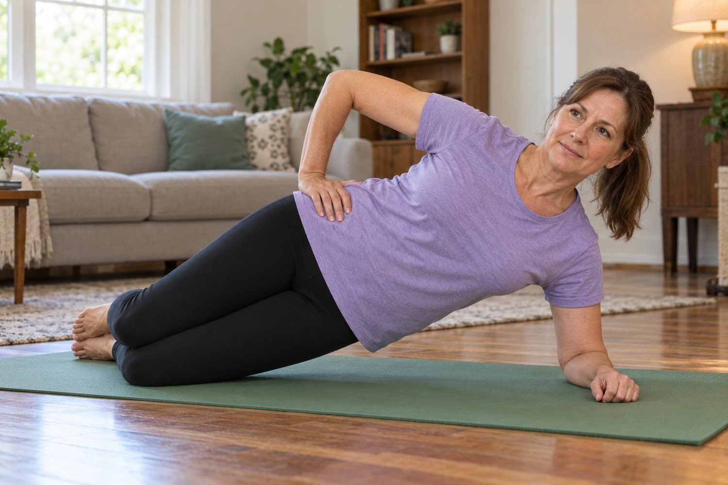Donna in plank laterale facilitato appoggiata su un avambraccio e sulle ginocchia piegate